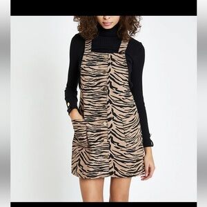 River Island Brown zebra print dungaree denim dress, size 10